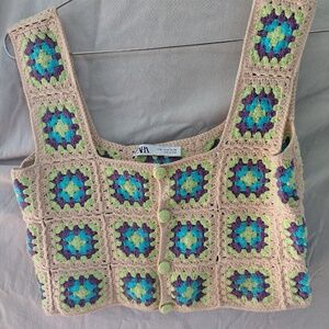 Zara crochet knit top ~ M vintage style colorful “granny square”